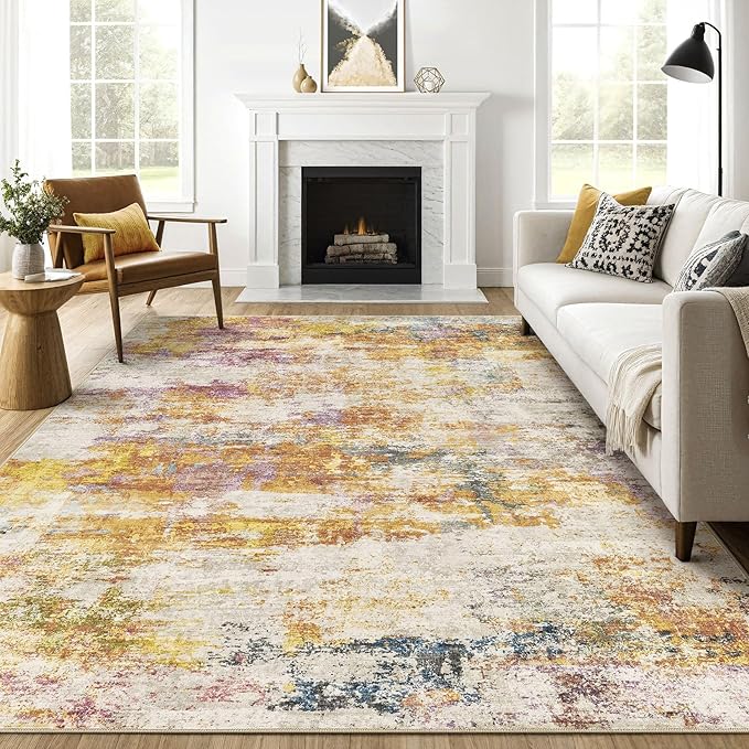 9x12 Area Rugs Living Room: Machine Washable Large Abstract Modern Soft Rug Stain Resistant Indoor Floor Non Slip Accent Carpet for Bedroom Nursery Playroom Office Dining Room Dorm- Gold Colorful
