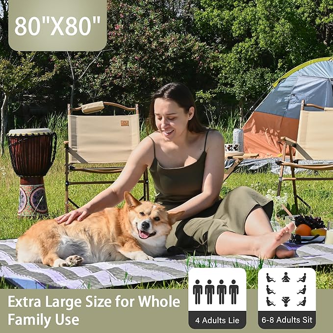 HX&OD Outdoor Picnic Blanket Extra Large, 80''*80' Waterproof Picnic Mat with Stakes Foldable Camping Blanket Portable with Carry Strap for Beach Mat (Green, 80''*80'')