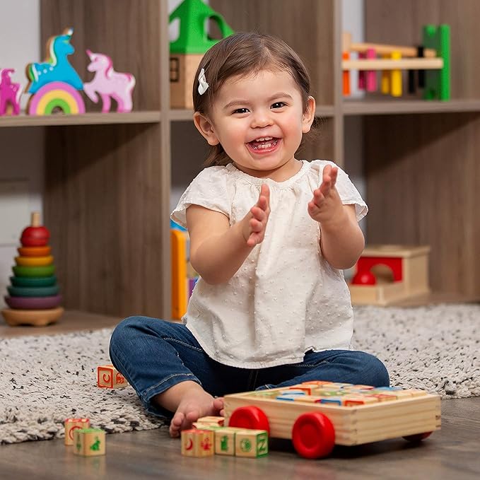 Building Blocks for Toddlers 1-3 Years Old, 30 Large Stackable Wooden Baby Blocks with Alphabet and Number Icons on Every Side, Toy Wagon Included﻿