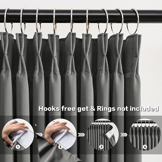Grey Blackout Curtains 102 Inches Long 2 Panels Set, 60 Inch Wide Pinch Pleated Curtain with Hooks,Thermal Insulated Room Darkening Vertical Window Treatments for Living Room Bedroom 60 x 102