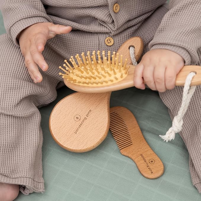 Natural Baby Hair Brush Set with Boho Bag - Goat Hair Cradle Cap Brush, Toddler Brush and Comb - Scalp Grooming Baby Hairbrush for Newborn and Infant, Wooden Brushes for Boys and Girls