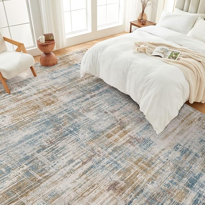 Area Rug for Living Room: 12x15 Washable Neutral Abstract Modern Soft Rugs Non Slip Indoor Floor Stain Resistant Large Carpet for Bedroom Dining Room Office Nursery - Blue Brown