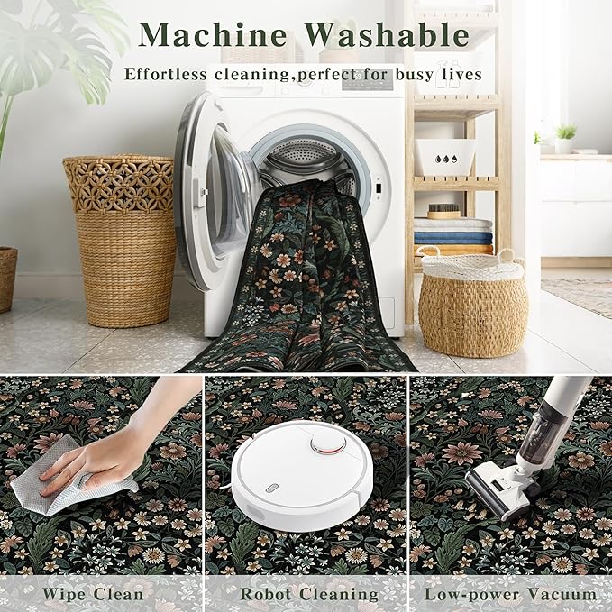 Floral 2x3 Entryway Rug,Washable Front Door Mat Indoor Non Slip Low Pile Small Carpet, Soft Black Boho Botanical Throw Rug for Bathroom Bedroom Kitchen Laundry Indoor Entrance