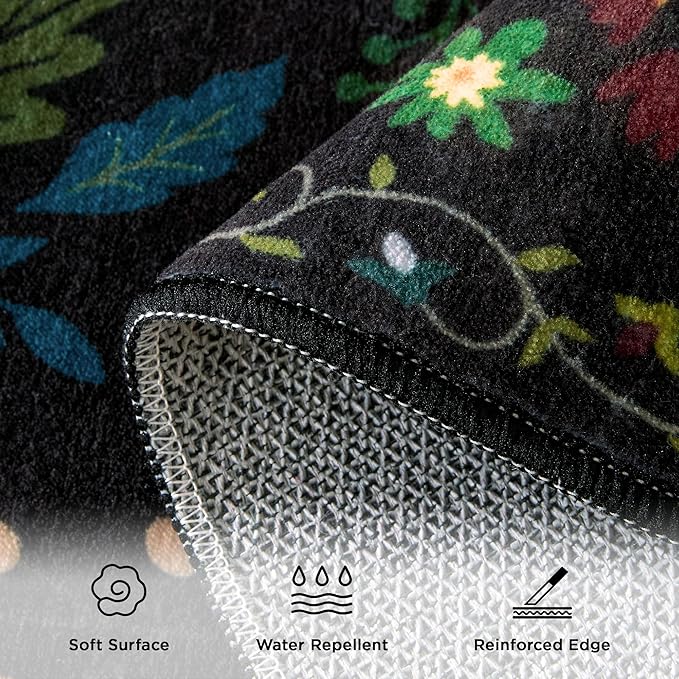 5x7 Washable Rug for Living Room, Floral Black Area Rug, Non Slip Low Pile Soft Flower Carpet, Large Rugs for Bedroom, Dining Room, Office, Kids Playroom, Nursery