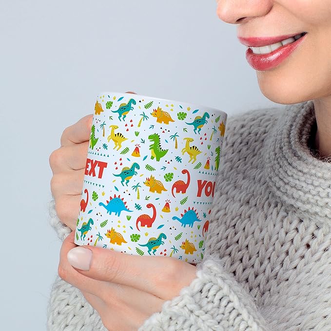 Personalized Mug for Kids - Dinosaurs - Custom Name/Text, Ceramic Hot Chocolate/Cocoa/Coffee Cup for Boys/Girls, Birthday/Christmas/Holiday Gift - 11 oz, Black Handle