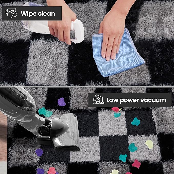 Super Soft Rug for Bedroom, 8x10 Ft Grey and Black Area Rug Classic Checkered Shaggy Rug Anti-Skid High Pile Soft Fluffy Fuzzy Carpet for Living Room Bedroom Kids Room Nursery, Dorm Home Decor