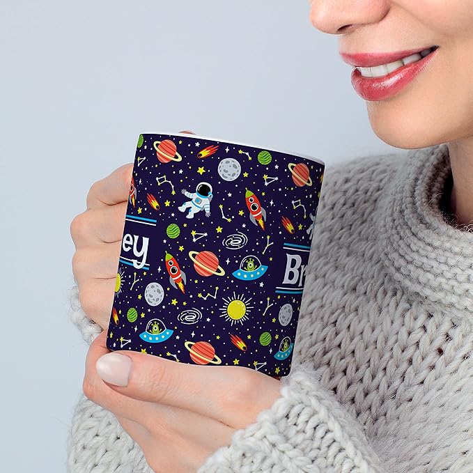 Personalized Mug for Kids - Outer Space - Custom Name/Text, Ceramic Hot Chocolate/Cocoa/Coffee Cup for Boys/Girls, Birthday/Christmas/Holiday Gift - 11 oz, Red Handle