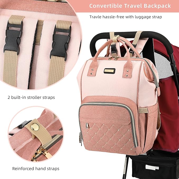 Diaper Bag Backpack, Diaper Bags for Baby Girls Boys, Baby Bags for Moms Dads, Nappy Changing Bag with Insulated Pockets,Multi-functional Waterproof Backpack with Stroller straps -Pink light pink