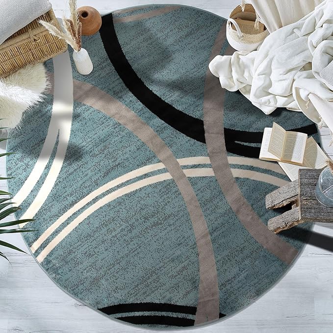 Rugshop Modern Wavy Circles Design 6' 6" (6' 6" Diameter) Blue