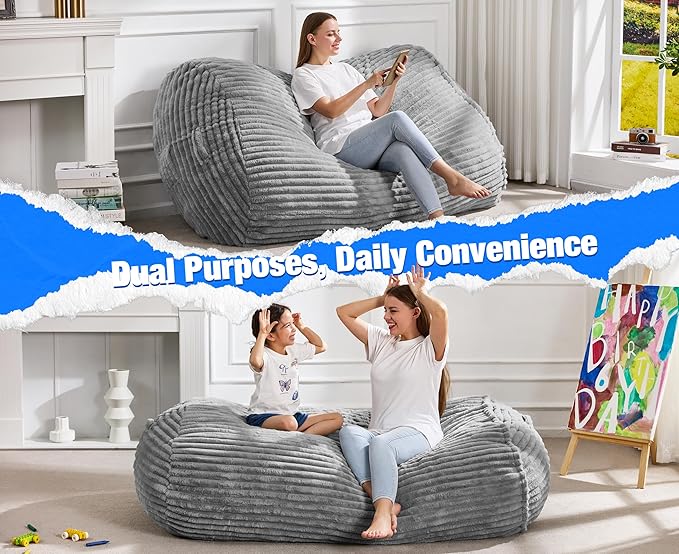 Hobestluk 5FT Bean Bag Chairs Adult Bean Bag with Portable Handle Comfy Large Bean Bag Lounge Chair with Removable Cover for Living Room Bedroom (Stripe Grey, 5FT)