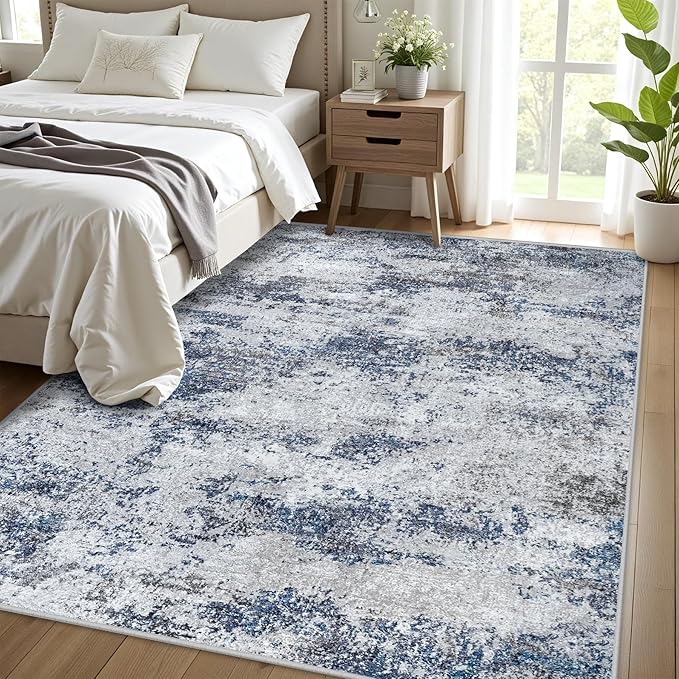 Area Rug Living Room Rugs: 5x7 Abstract Washable Rugs Ultra Soft Carpets with Non-Slip Backing Stain Resistant Carpet for Dining Room Table Bedroom Nursery Indoor Home Office Blue/Gray/Black