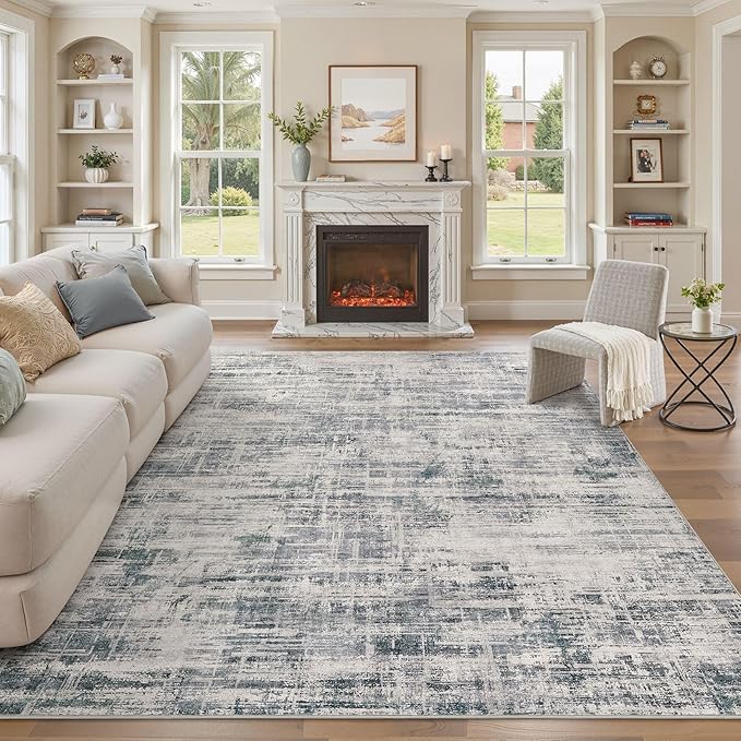 Area Rug for Living Room: 8x10 Washable Neutral Abstract Modern Soft Rugs Non Slip Indoor Floor Stain Resistant Large Carpet for Bedroom Dining Room Office Nursery - Gray