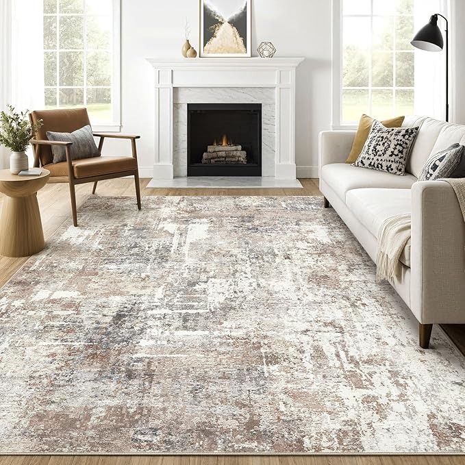 7x9 Area Rug Living Room: Machine Washable Large Abstract Modern Soft Rugs Stain Resistant Indoor Floor Non Slip Accent Carpet for Bedroom Nursery Playroom Office Dining Room Dorm Home House- Brown