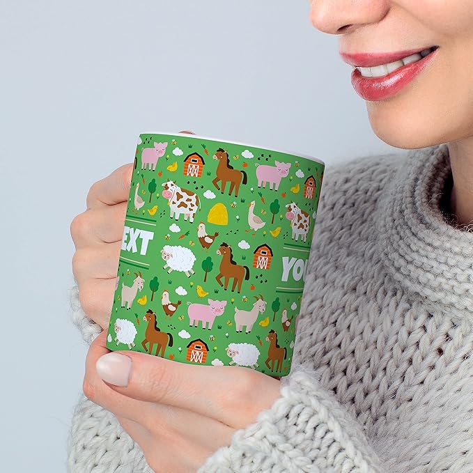 Personalized Mug for Kids - Farm Animals - Custom Name/Text, Ceramic Hot Chocolate/Cocoa/Coffee Cup for Boys/Girls, Birthday/Christmas/Holiday Gift - 15 oz, Pink Handle