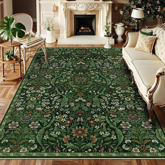 Floral Washable 6x9 Area Rug，Dark Green Boho Rugs for Living Room, Soft Low-Pile Non-Slip Stain Resistant & Non-Shedding Carpet for Bedroom, Dining Room, Office, Entryway, Nursery