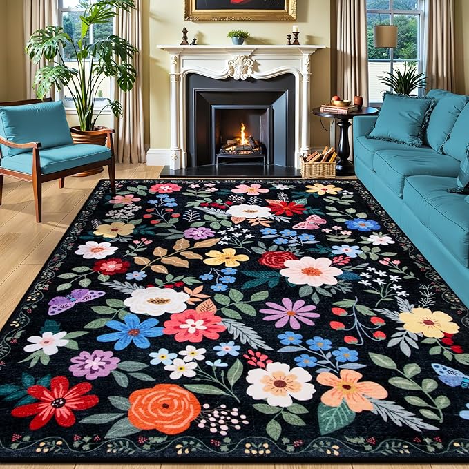 10x12 Area Rugs for Living Room: Floral Washable Rug Vintage Large Soft Boho Non-Slip Carpet Stain Resistant Low Pile Carpets for Bedroom Dining Room Farmhouse Nursery Hallway Home Office Black