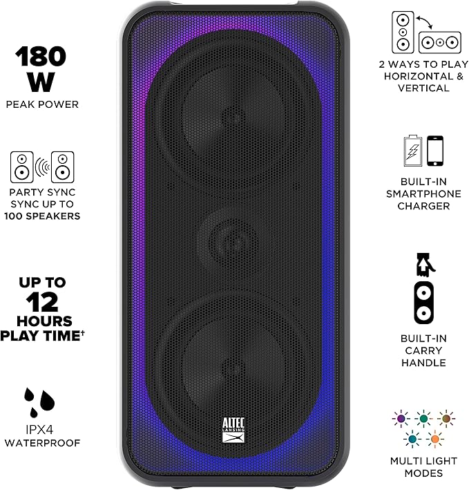 Altec Lansing Shockwave 200 Wireless Party Speaker 180W Bluetooth Speaker with a Long Lasting 12 Hour Battery, Multi LED Party Modes, Multiple bass Boost Modes, Party Sync, AM/FM Radio