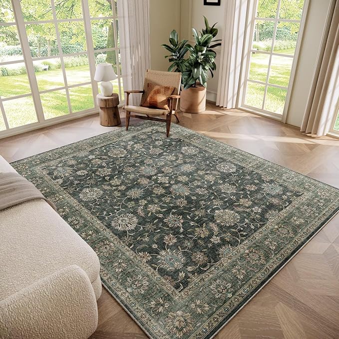 Washable 6x9 Area Rugs for Living Room, BoHo Non-slip Silicone Backing Large Rugs for Bedroom Dining Room Nursery Office, 0.3" Neutral Oriental Throw Carpet with 0.16" Cushioning Pad, Sage Green/Multi