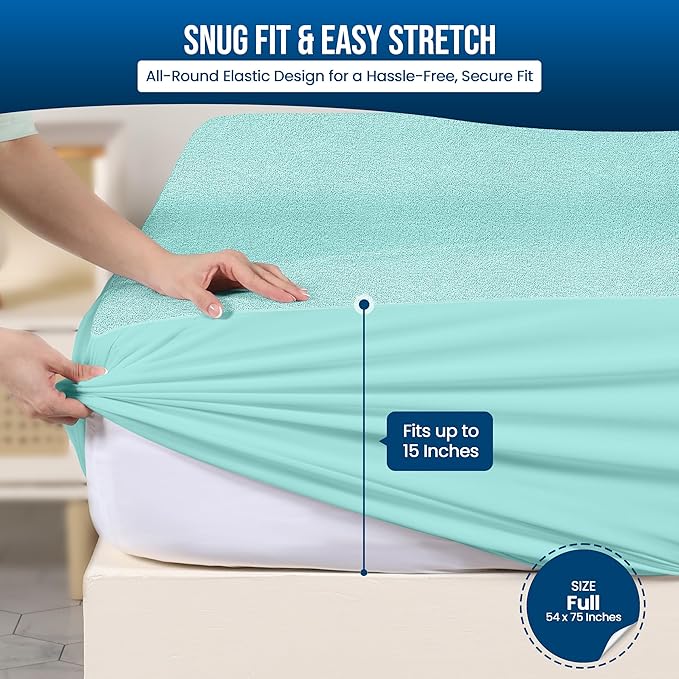 Utopia Bedding Waterproof Mattress Protector Full Size, Premium Terry Mattress Cover 200 GSM, Breathable, Fitted Style with Stretchable Pockets (Spa Blue)
