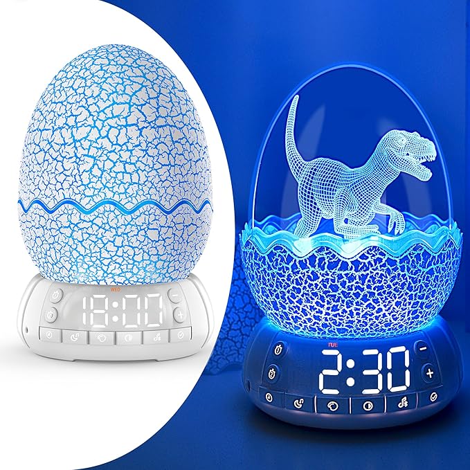 Dinosaur Alarm Clock with Wake Up Light, Digital Clock on Desk + 8 Colors Night Light + 20 Sleep Training Sound + Bluetooth Speaker All in 1 for Kids/Boys/Girls/Adult (Dinosaur)