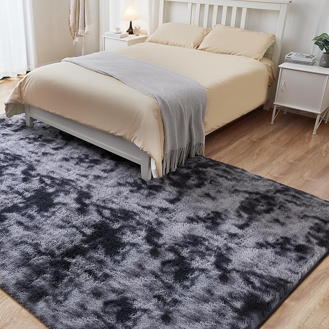 Fluffy Shag Area Rug, 3x5 Tie-Dyed Dark Grey Rugs for Bedroom, Soft Plush Area Rugs for Living Room, Non-Slip Indoor Carpet for Nursery, Study Room, Dressing Room, Home Decor