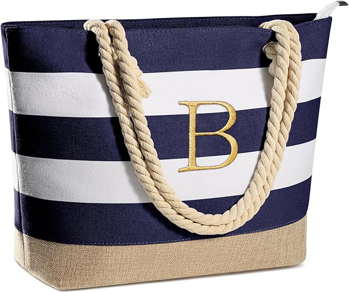 YOOLIFE Initial Canvas Waterproof Beach Tote Bag Zipper Personalized Gifts for Women Her Birthday Travel Beach Essential
