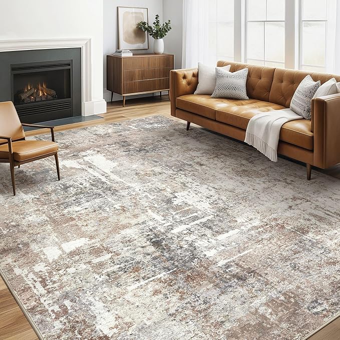 Area Rug Living Room Rugs: 5x7 Washable Large Abstract Modern Soft Stain Resistant Indoor Floor Non Slip Accent Carpet for Bedroom Nursery Playroom Dining Room Office Dorm Home House Decor- Brown