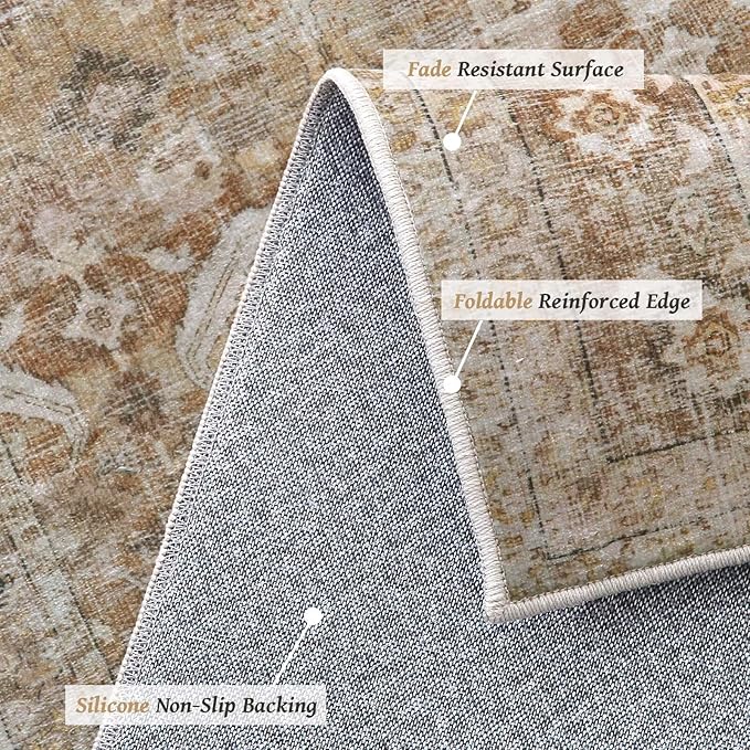 Washable 6x9 Area Rugs for Living Room, Boho Non-Slip Silicone Backing Large Rugs for Bedroom Dining Room Nursery Office, 0.3" Neutral Oriental Throw Carpet with 0.16" Cushioning Pad, Brown/Multi