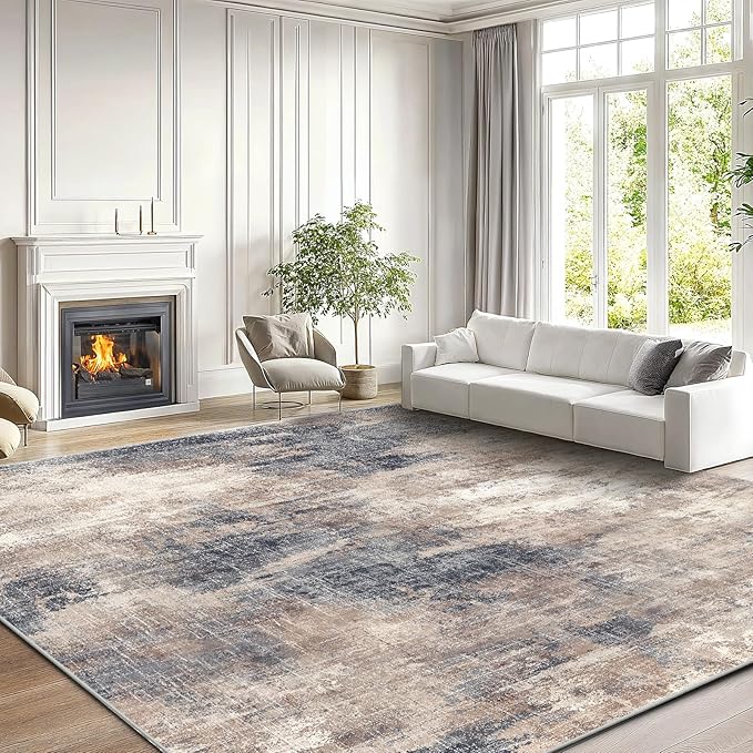 Amada 8x10 Area Rug, Modern Abstract Living Room Rug with Non-Slip Backing & Short Pile, Large Washable Rug with Abstract Pattern for Living Room, Bedroom and Dinning Room, Brown