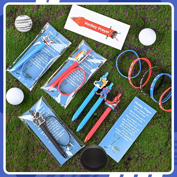 LiYiQ 72 Pcs Hockey Party Favors Hockey Team Gifts Hockey Goodie Bags Stuffers Hockey Ballpoint Pens Bookmark Card and Silicone Bracelet