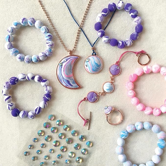 Bright Stripes Wish*Craft Marbled Moon Jewelry Kit – DIY Air-Dry Clay Set for Kids Ages 8+ with Molds, Iridescent Gems, Vibrant Colors, Metal Findings & Storage – Creative Jewelry Gift Set for Girls