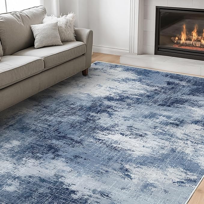 Amada 6x9 Washable Area Rug, Modern Abstract Living Room Rug with Non-Slip Backing & Short Pile, Large Rug with Abstract Pattern for Living Room, Bedroom and Dinning Room, Dark Blue