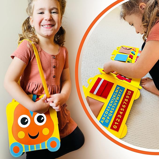 Felt Train Busy Board for Toddlers 2-4 Year Old - Montessori Busy Board with 22 Sensory Toys to Fine Motor Skills - Toddler Travel Toys