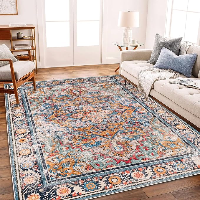 Washable Area Rug 5'x7' Retro Boho Chic Medallion Distressed Design Living Room Indoor Non-Slip Large Oriental Accent Throw Rug for Kitchen Bedroom Office Carpet