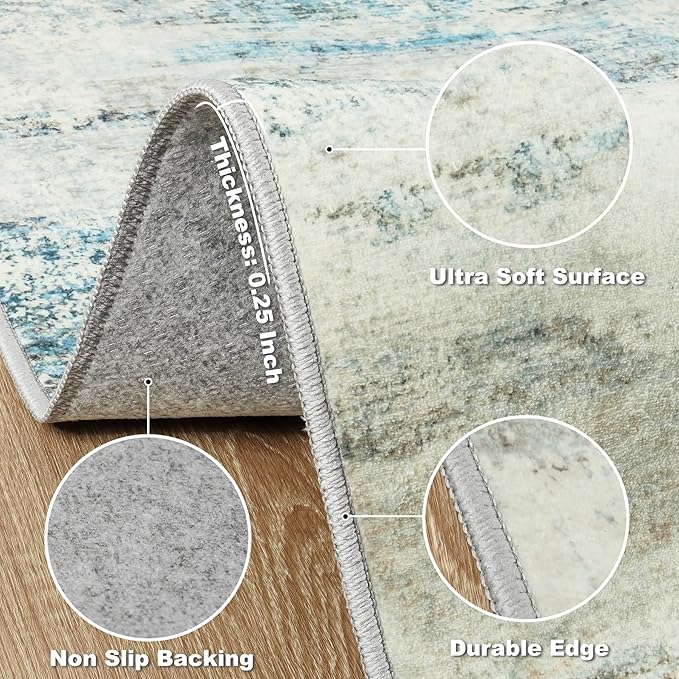 Area Rug 9x12 Washable Rugs: Abstract Large Living Room Rugs with Non-Slip Backing, Thin Carpet for Dining Room Table Bedroom Nursery Indoor Home Office-Blue/Gray