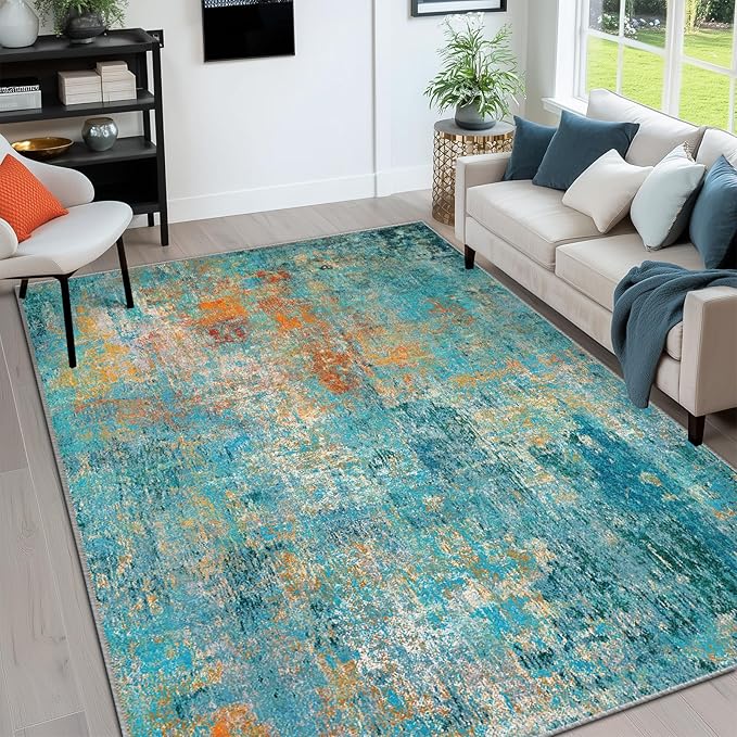 Washable Area Rugs 5'x7' Non-Slip Modern Abstract Soft for Living Room Entryway Bedroom Nursery, Print Pattern, Teal Blue Green Orange Rust Red Colorful