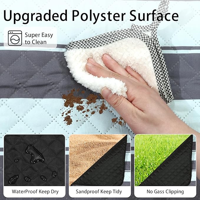 HX&OD Extra Large Picnic Outdoor Blanket, 80”x60” Waterproof Picnic Mat Foldable Camping Blanket Portable with Carry Strap for Beach Mat Outdoor Camping Party(Grey&Green)