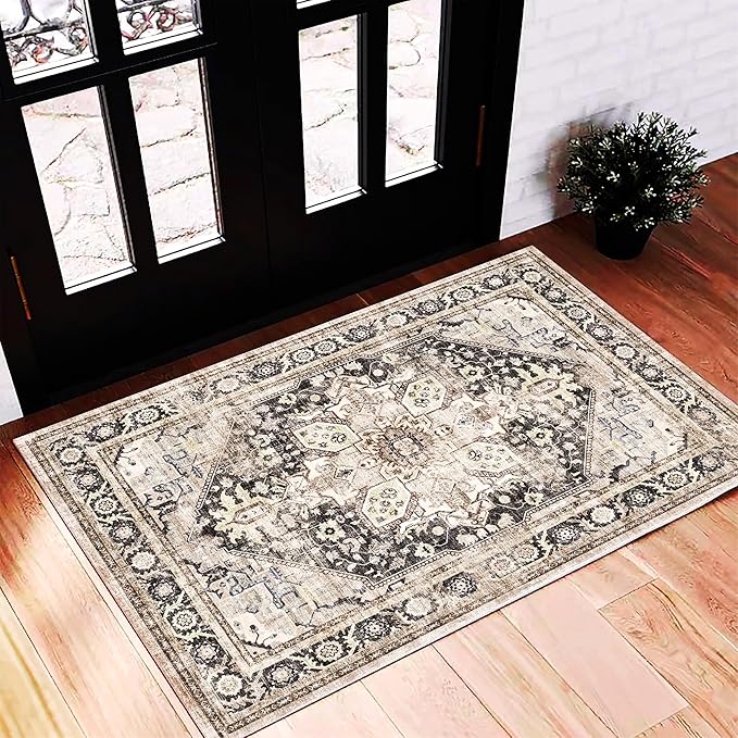 2'x3' Black-Purple Khaki Area Rug Washable Door Mat Vintage Distressed Doormat Indoor Entrance Traditional Thin Floral Print Non Slip Carpet for Kitchen Bathroom Bedroom Living Room
