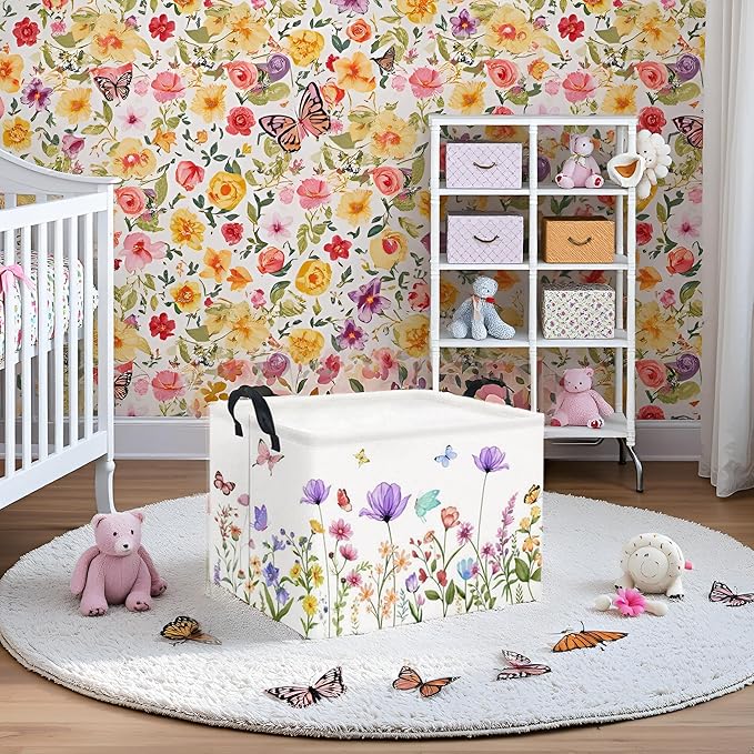 HIYAGON Rectangular Baby Girl Basket Kids Baby Storage Basket Toy Storage Bin Organizer Box Room Decor(Purple Flower)