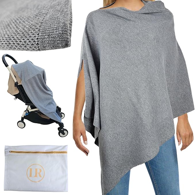 Peekaboo Knit Breathable Nursing Cover Up For Breastfeeding - Soft Organic Cotton & Cashmere Breast Feeding Covers For Women - Privacy Feature - Includes Mesh Laundry Bag (Grey)