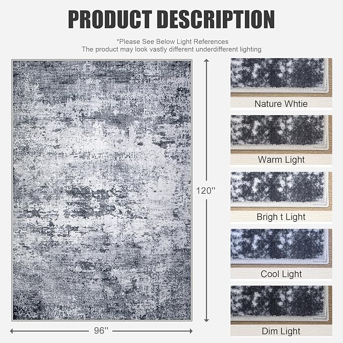 8x10 Area Rug Living Room Rug: Washable Modern Abstract Soft Thin Rug Indoor Floor No Slip Stain Resistant Carpet for Bedroom Dining Room Farmhouse Nursery Home Office - Grey