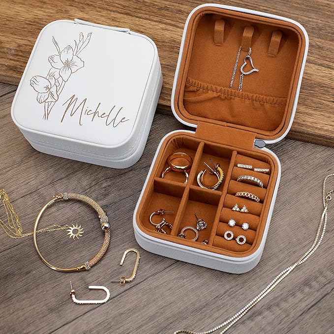 Custom Leather Jewelry Box w/Name & Birth Flower Month - Birthday Gifts for Women, Personalized Jewelry Travel Case - Customized Jewelry Organizer Box, Mom Birthday Gifts - Chestnut
