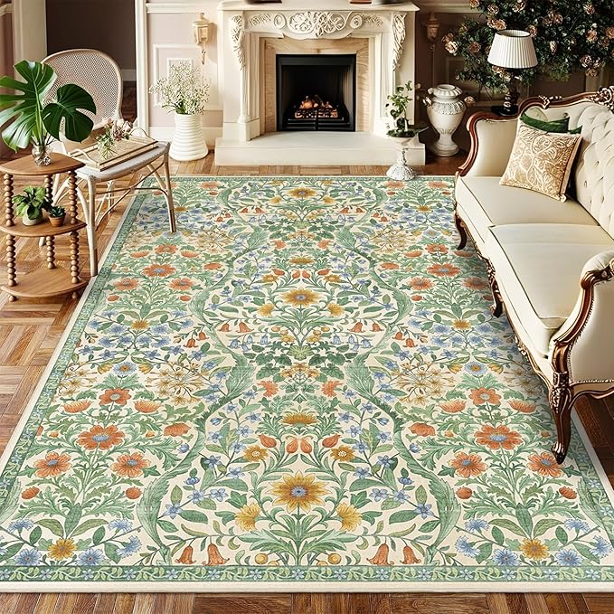 5×7 Grass Green Washable Floral Area Rug,Vintage Boho Soft Low-Pile Living Room Rugs, Stain Resistant Botanical Non-Slip Carpet for Bedroom,Dining Room, Kids Nursery,Home Decor