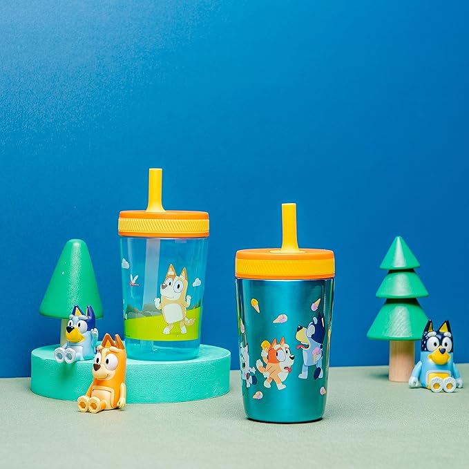 Zak Designs Bluey Kelso Tumbler Set, 15 fl.oz. Leak-Proof Screw-On Lid with Straw, Bundle for Kids Includes Plastic and Stainless Steel Cups with Bonus Sipper, 3pc Set, Non-BPA