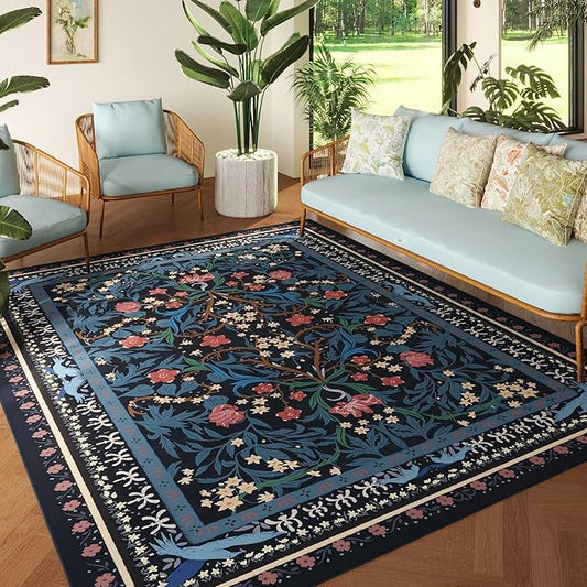5x7 Washable Rug Vintage Floral Botanical Area Rug Non Slip Low Pile Large Rugs for Living Room, Bedroom, Farmhouse, Dining Room, Kids Playroom, Blue