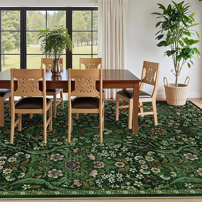 8x10 Washable Area Rug for Living Room, Large Vintage Dark Green Floral Rugs, Soft Non-Slip Stain Resistant Boho Lightweight Carpet for Bedroom Dining Room Nursery Home Office