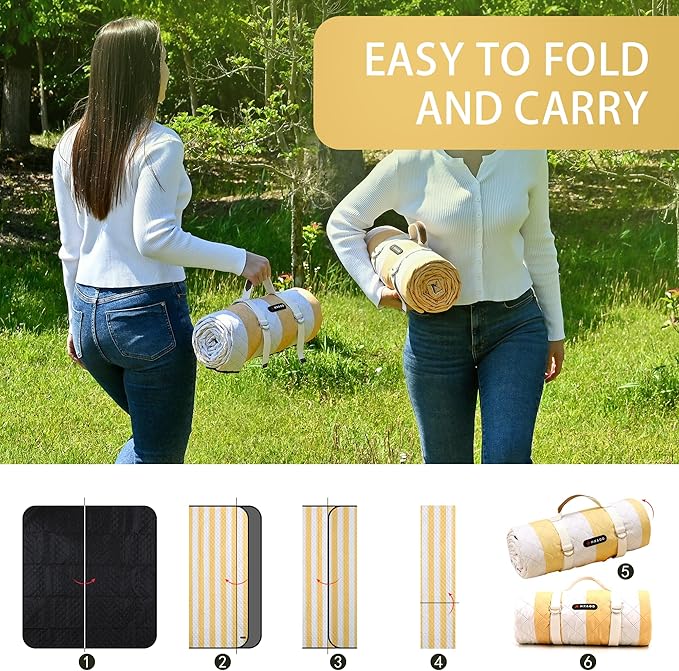 HX&OD Outdoor Picnic Blanket Extra Large, 80''*60'' Waterproof Picnic Mat with Stakes Foldable Camping Blanket Portable with Carry Strap for Beach Mat (Green& White, 80''*60'')