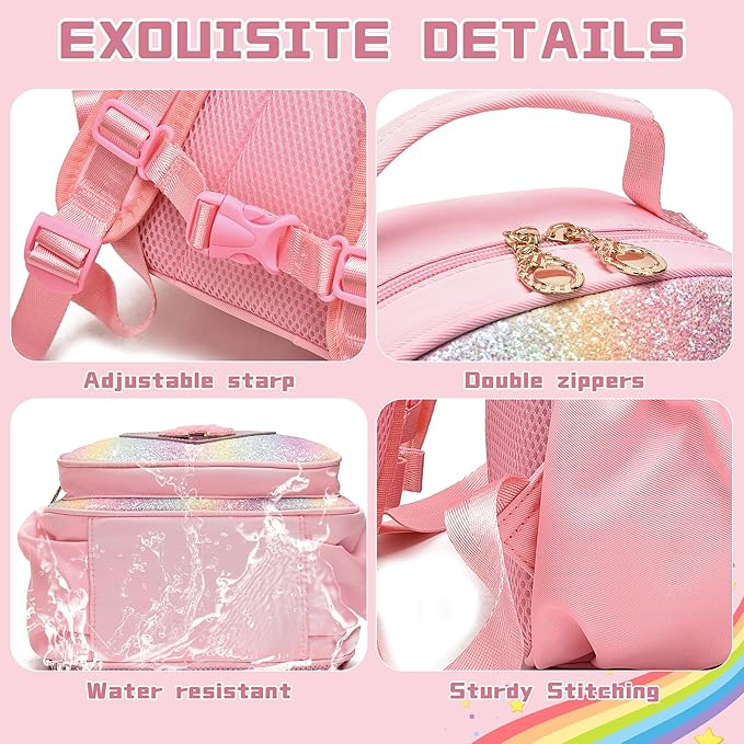 I IHAYNER Kids Glitter Lightweight Backpack for School Travel & Daycare, Toddler Backpack for Girls 3+ Preschool Kindergarten Elementary Kids Backpack-Rainbow Pink E