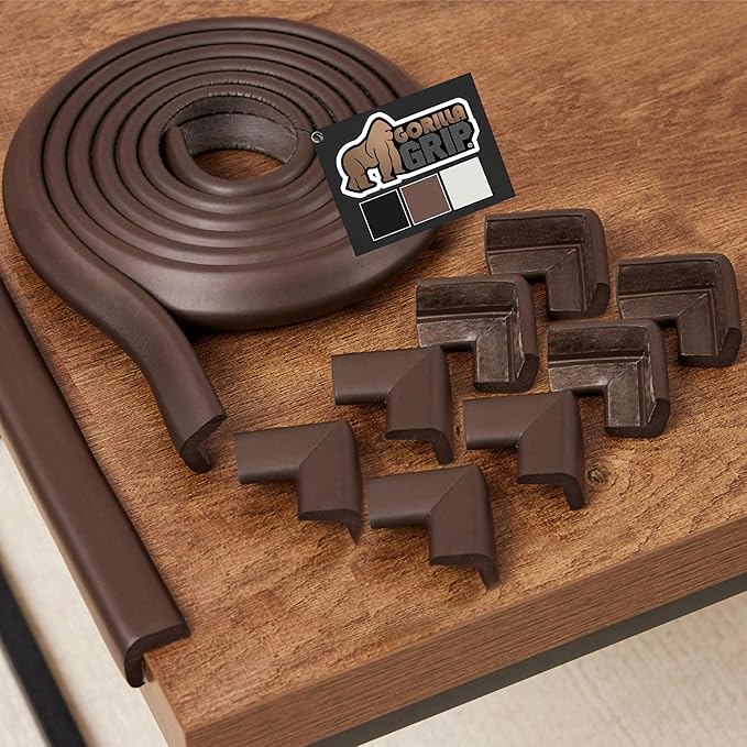 GORILLA GRIP Baby Proof Corners and Edges for Furniture, Kid Proofing Adhesive Table Corner Protectors, Heavy Duty Soft Rubber Foam Protection, Includes 8 Protective Safety Guards, 15 Feet, Brown