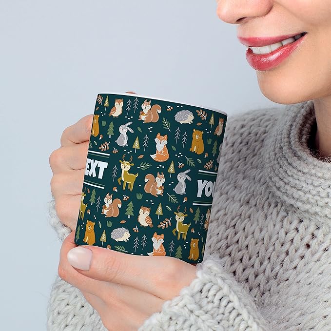 Personalized Mug for Kids - Woodland Animals - Custom Name/Text, Ceramic Hot Chocolate/Coffee Cup for Boys/Girls, Birthday/Christmas/Holiday Gift - 15 oz, Light Blue Handle